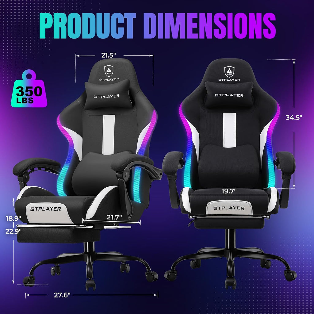 GTPLAYER RGB Gaming Chair with Footrest, LED Lights, Ergonomic Computer Chair with Linkage Armrest, Breathable Fabric for Home Office Desk - Video Game Chairs for Adults, Standard RGB