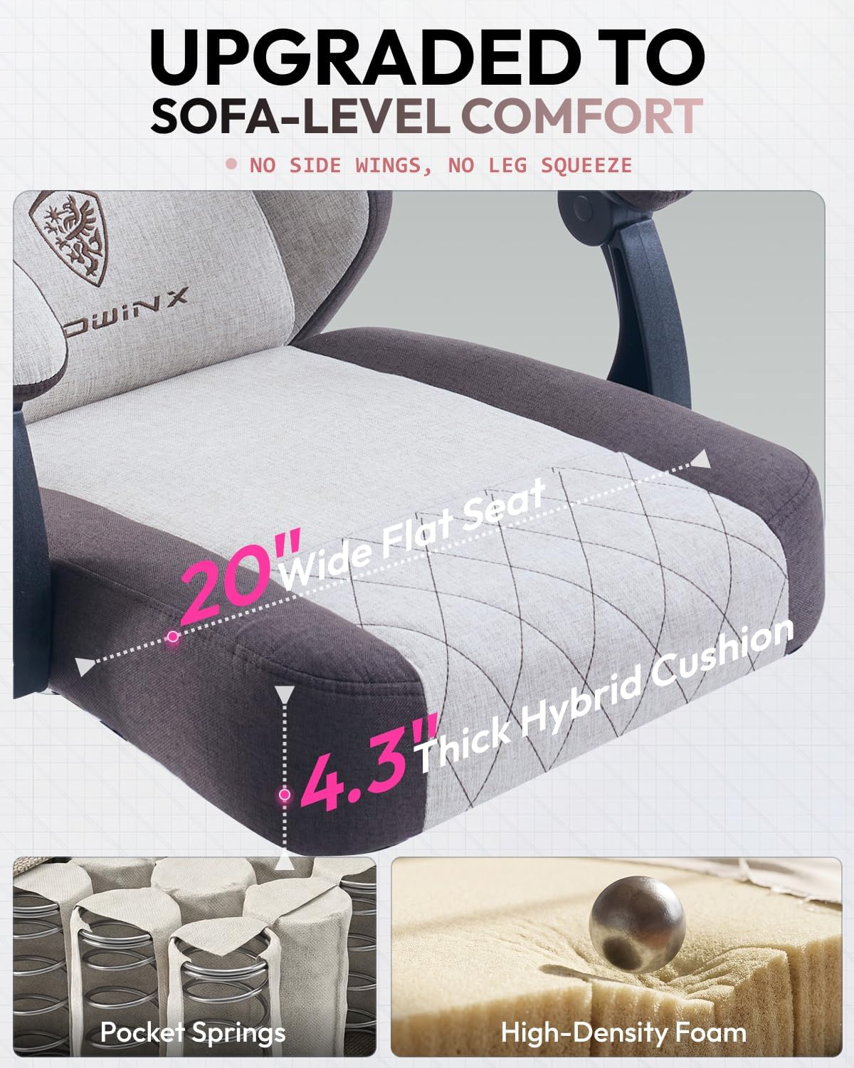 Dowinx Gaming Chair, Fabric Gaming Chairs for Adults with Pocket Spring Cushions and Lumbar Support, Ergonomic Massage Computer Chair with Footrest for Big and Tall, Brown