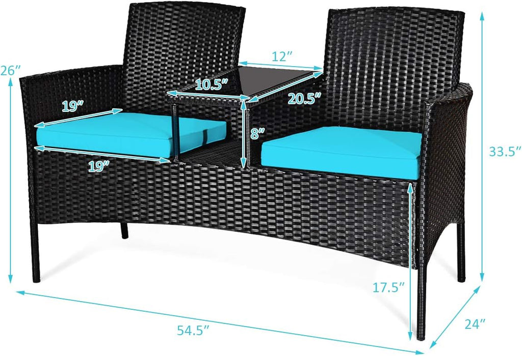 COSTWAY 2-Seat Patio Conversation Sets, Outdoor Patio Loveseat Set with Removable Cushions & Built-in Coffee Table for Backyard, Garden, Lawn, Balcony, Black+Turquoise
