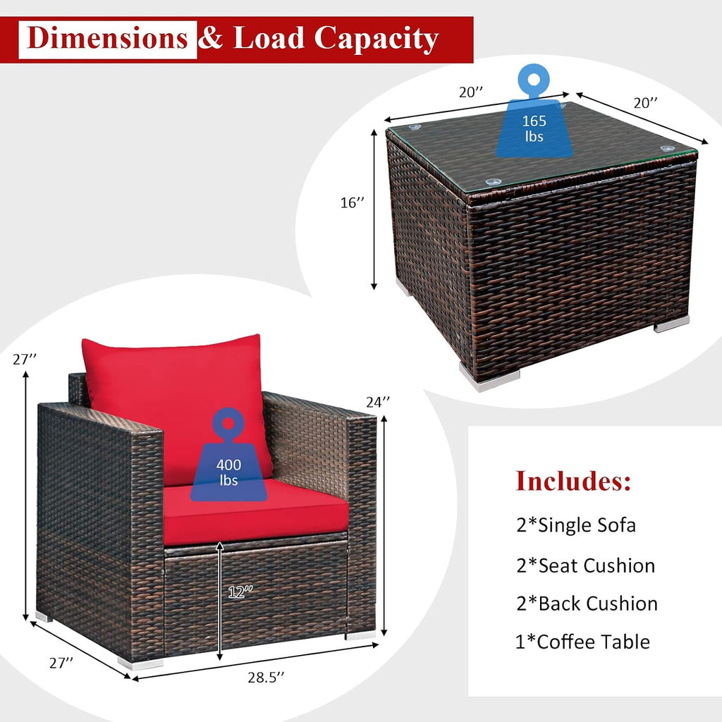 Tangkula 3 Pieces Patio Furniture Set, Outdoor Conversation Rattan Furniture Set w/Washable Cushion and Tempered Glass Tabletop, PE Rattan Wicker Sofa Set for Garden Poolside Balcony