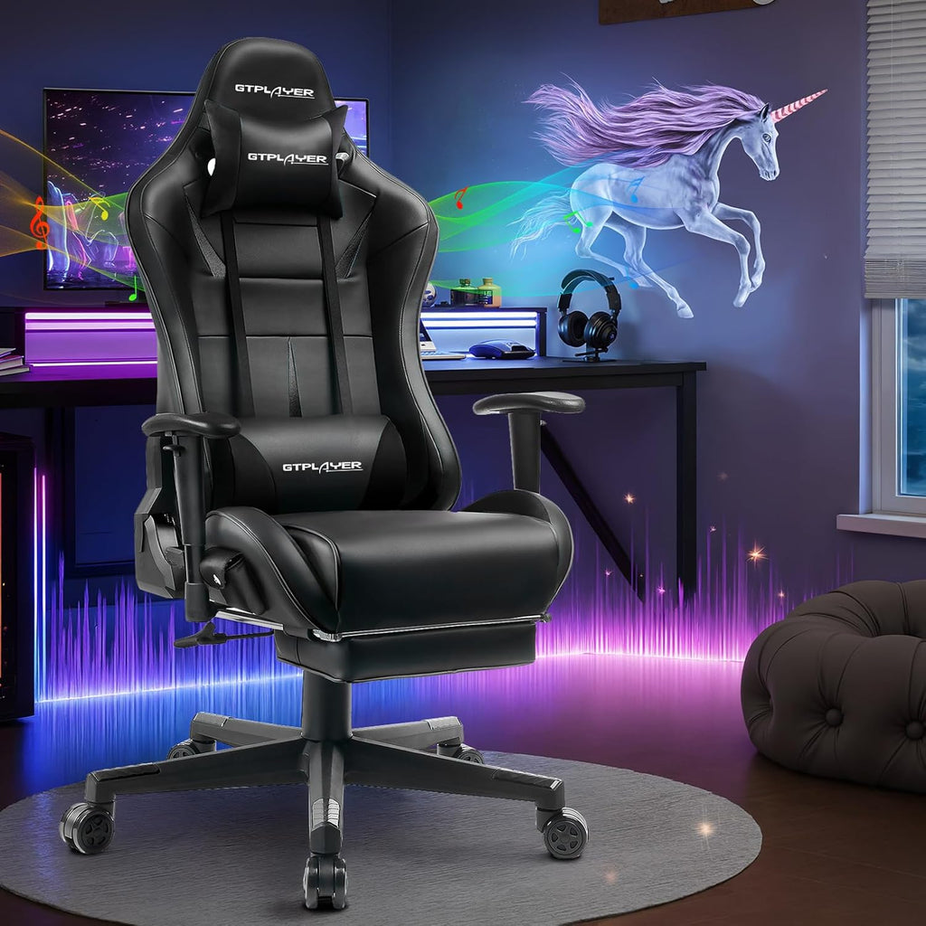 GTPLAYER Gaming Chair with Speakers, Video Game Chairs with Footrest for Adults, Ergonomic Computer PC Gamer Reclining Chair(Black)