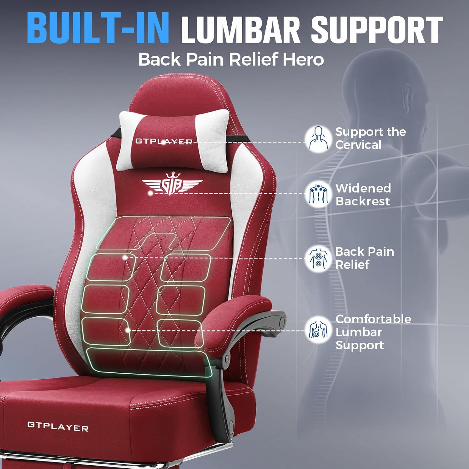 GTPLAYER Big and Tall Gaming Chair Breathable Fabric Computer Chair with Strong Lumbar Support, Comfortable Office Chairs with Pocket Spring Cushion, High Back Ergonomic Desk Chairs with Footrest