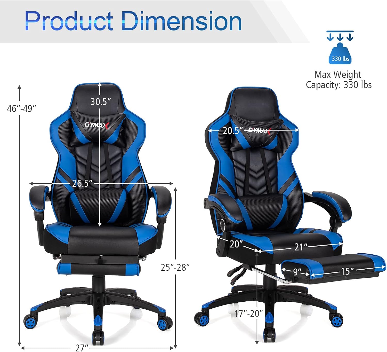 GYMAX Gaming Chair, Ergonomic Computer Chair with Footrest, Linkage Armrests & Lumbar Cushion, Big Wide High Back Video Gaming Chair, Reclining Office Rolling Chair for Adult/Teens (Blue)