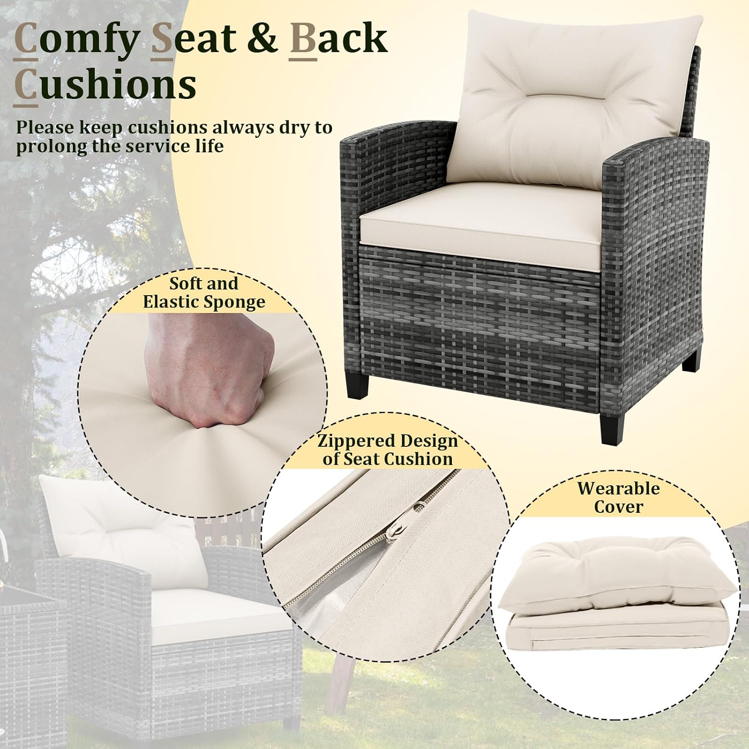 RELAX4LIFE 3 Piece Patio Furniture Set, Wicker Bistro Conversation Set w/2 Cushioned Armchairs & Glass Topped Table, Outdoor Rattan Sofa Set Patio Furniture for Porch Balcony Poolside (Grey-White)