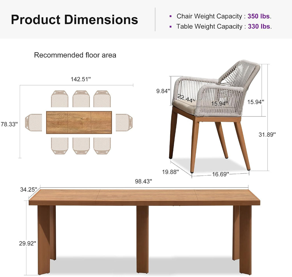 PURPLE LEAF 9 Pieces Patio Dining Set Aluminum Rectangular Table and Rattan Arm Chairs with Cushions for Kitchen Porch Garden Modern Outdoor Furniture Sets