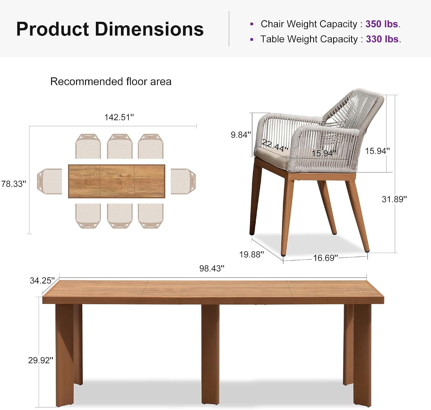 PURPLE LEAF 9 Pieces Patio Dining Set Aluminum Rectangular Table and Rattan Arm Chairs with Cushions for Kitchen Porch Garden Modern Outdoor Furniture Sets
