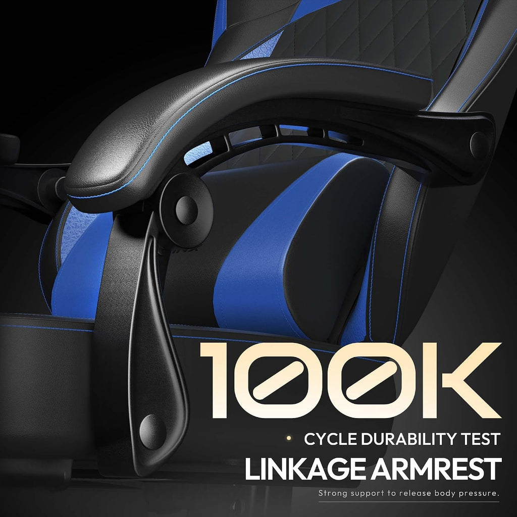 Dowinx Gaming Chair with Pocket Spring Cushion, Ergonomic Computer Chair with Massage Lumbar and Footrest for Adults, High Back Game Chair Leather for Office Gaming 300LBS, Blue New