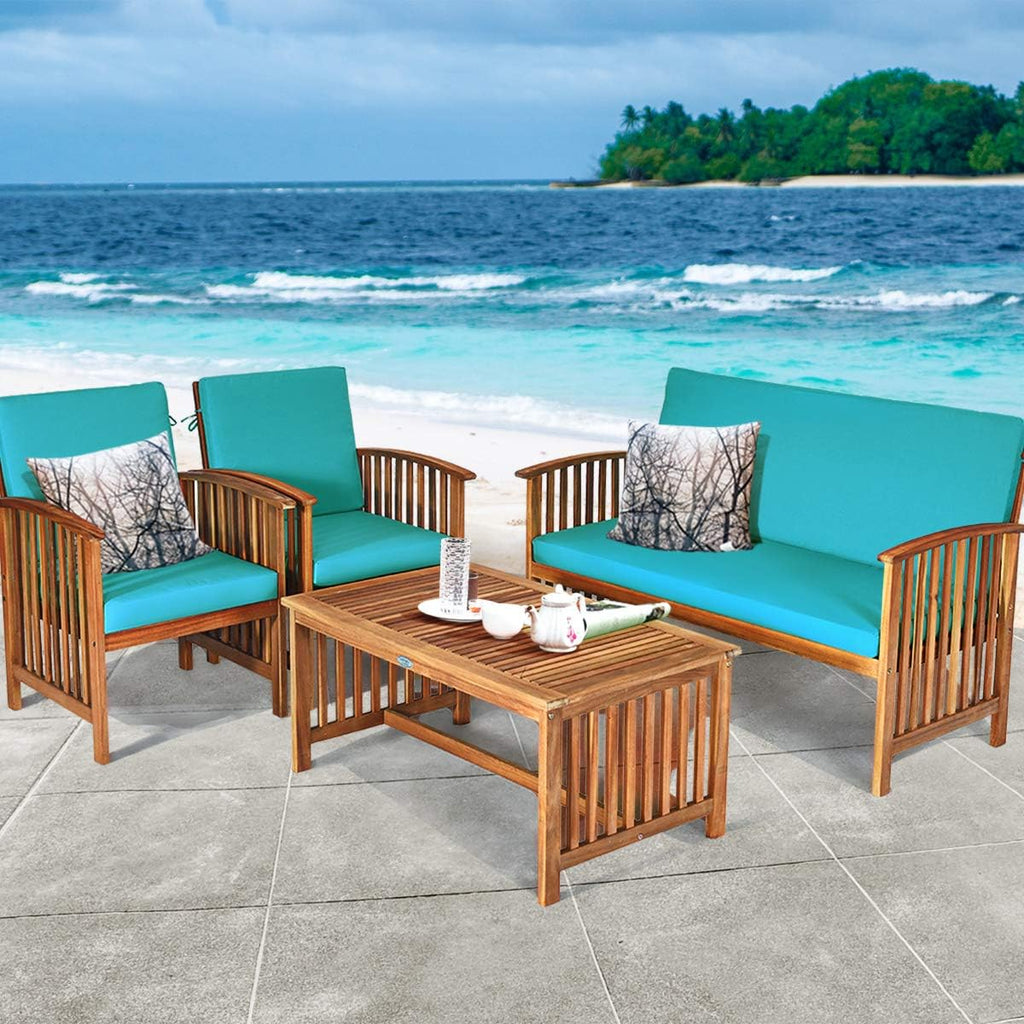 Tangkula Outdoor 4 PCS Acacia Wood Sofa Set w/Water Resistant Cushions, Padded Patio Seating Chat Set w/Coffee Table for Garden, Backyard, Poolside (1, Turquoise)