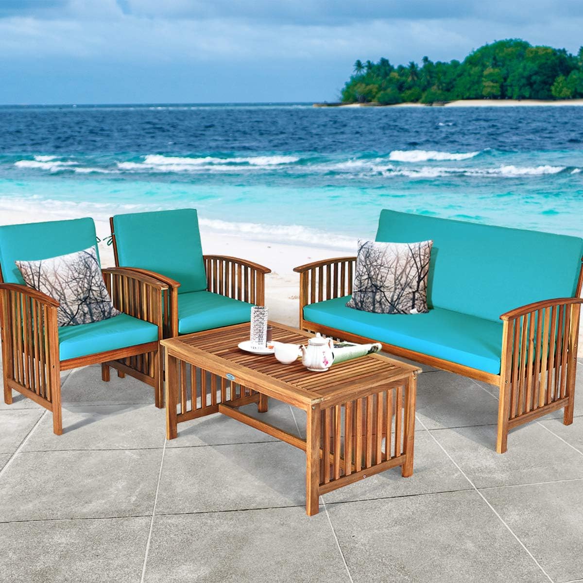 Tangkula Outdoor 4 PCS Acacia Wood Sofa Set w/Water Resistant Cushions, Padded Patio Seating Chat Set w/Coffee Table for Garden, Backyard, Poolside (1, Turquoise)