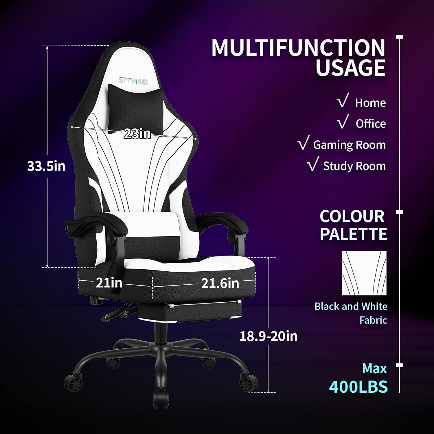 Gaming Chair Fabric, Ergonomic Computer Chair with Footrest, Video Gamer Chair with Pocket Spring Cushion,Linkage Armrests and Headrest Lumbar Support,Swivel Height Adjustable Office Chair for Adults