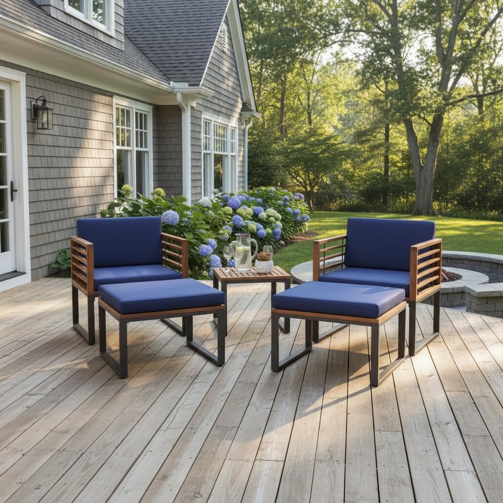 Tangkula 5 Pieces Acacia Wood Patio Furniture Set with Ottomans, Outdoor Conversation Set with Soft Cushions and Coffee Table for Poolside, Garden, Balcony and Backyard, Navy