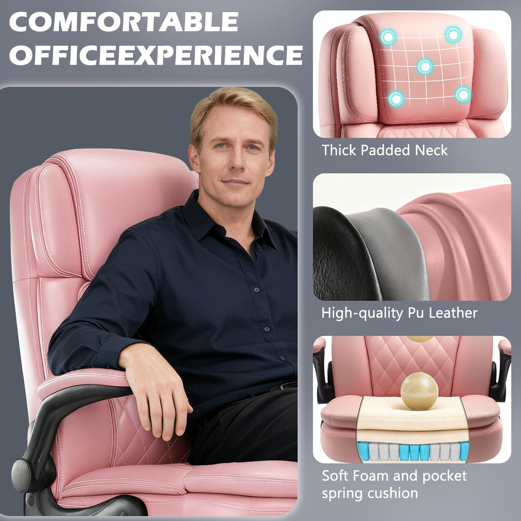 450 LBS Big and Tall Executive Office Chair with Flip up Arm, Heavy Duty Leather Computer Desk Chair,Comfortable High Back Swivel Home Office Chair with Rolling for Adults (Pink)