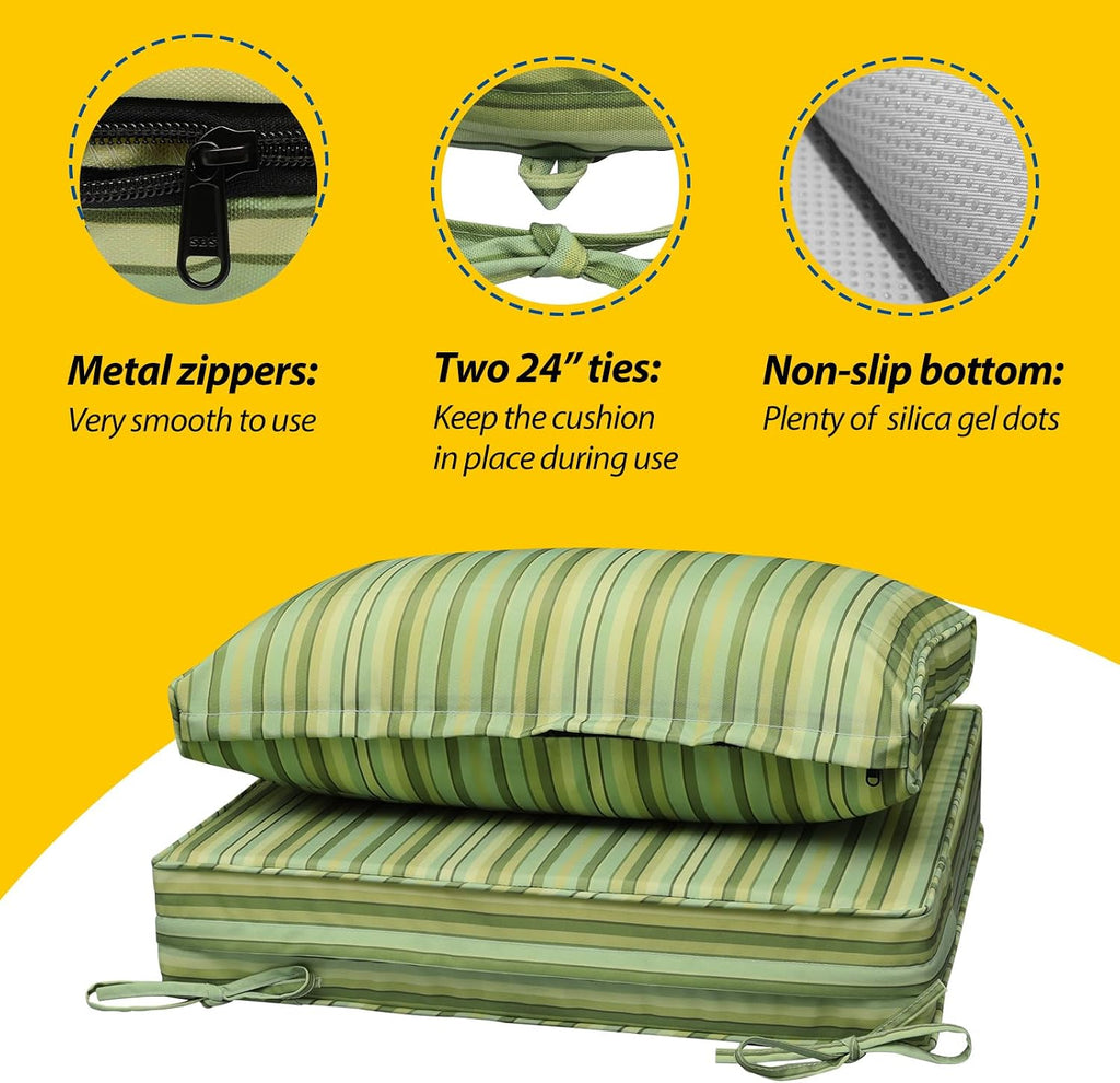 AAAAAcessories Outdoor Seat Cushions for Chairs, Fade-Resistant, Waterproof Patio Furniture Replacement Cushions, 24' x 24' x 5' + 24' x 13.5', Set of 4, Mossy Forest Stripe