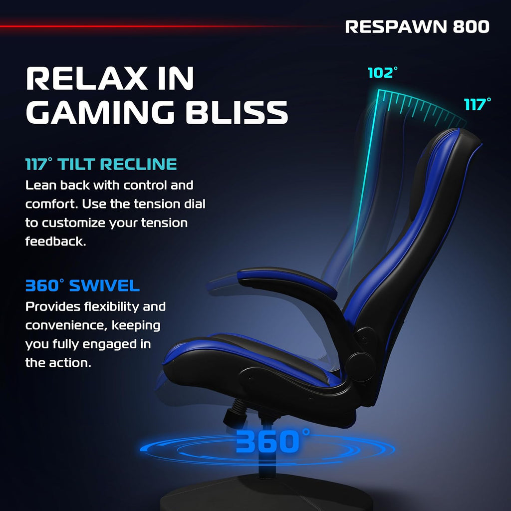 RESPAWN 800 Swivel Rocker Gaming Chair - Ergonomic Floor Gaming Seat with Lumbar Support, Flip Up Armrest, High Back, Pedestal Base, Comfortable No Wheels Console Video Game Rocker Chair - Blue