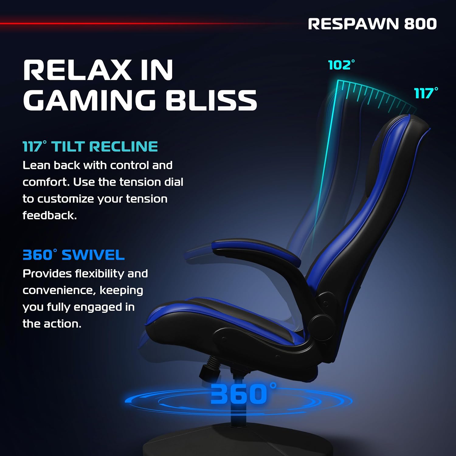 RESPAWN 800 Swivel Rocker Gaming Chair - Ergonomic Floor Gaming Seat with Lumbar Support, Flip Up Armrest, High Back, Pedestal Base, Comfortable No Wheels Console Video Game Rocker Chair - Blue