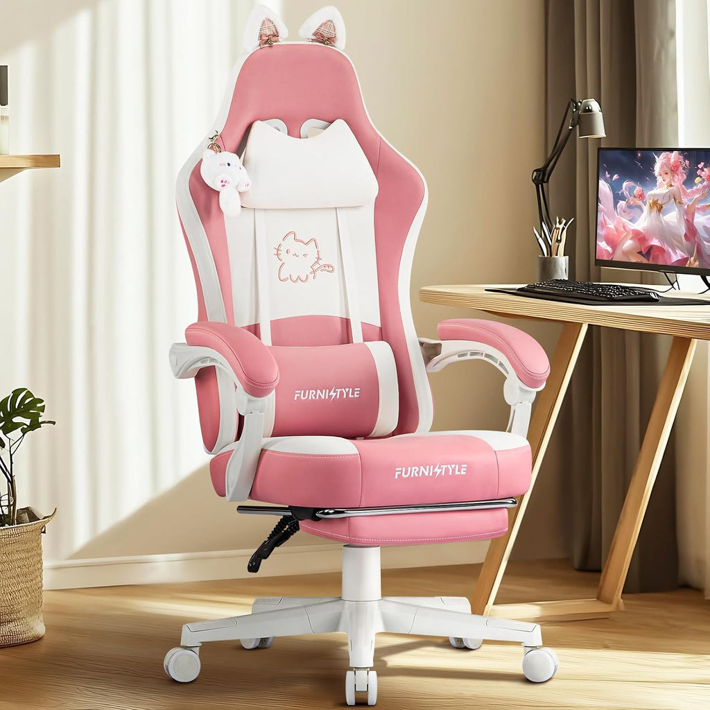 Gaming Chair, Pink Video Game Chairs for Adults with Cat Ears Pocket Spring Cushion Massage Lumbar Support & Headrest, Ringing Accessories Cute Leather Ergonomic Computer Chair for Girls, Pink/White