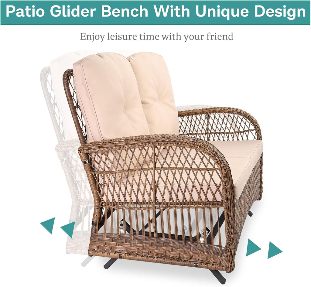 MEETWARM 4 Pieces Outdoor Wicker Patio Conversation Sets with Glider Loveseat, 2 Chairs with Glass-Top Coffee Table Rocking Chair Set, Wicker Conversation Set with Thickened Cushions
