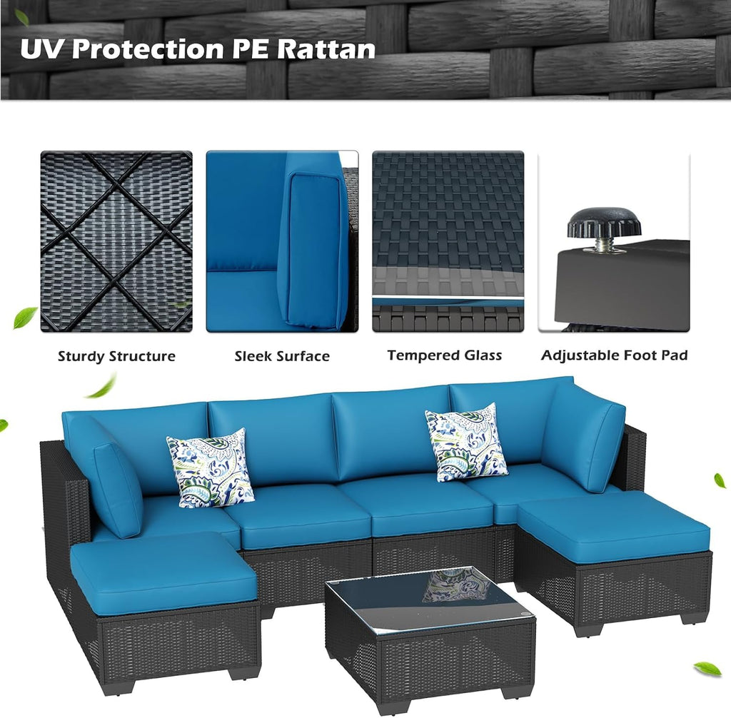 U-MAX 8 Piece Outdoor Patio Furniture Set, PE Rattan Outdoor Wicker Sectional Furniture Chair Set with Cushions and Tea Table, Black Rattan and Peacock Blue Cushion (with Cover)