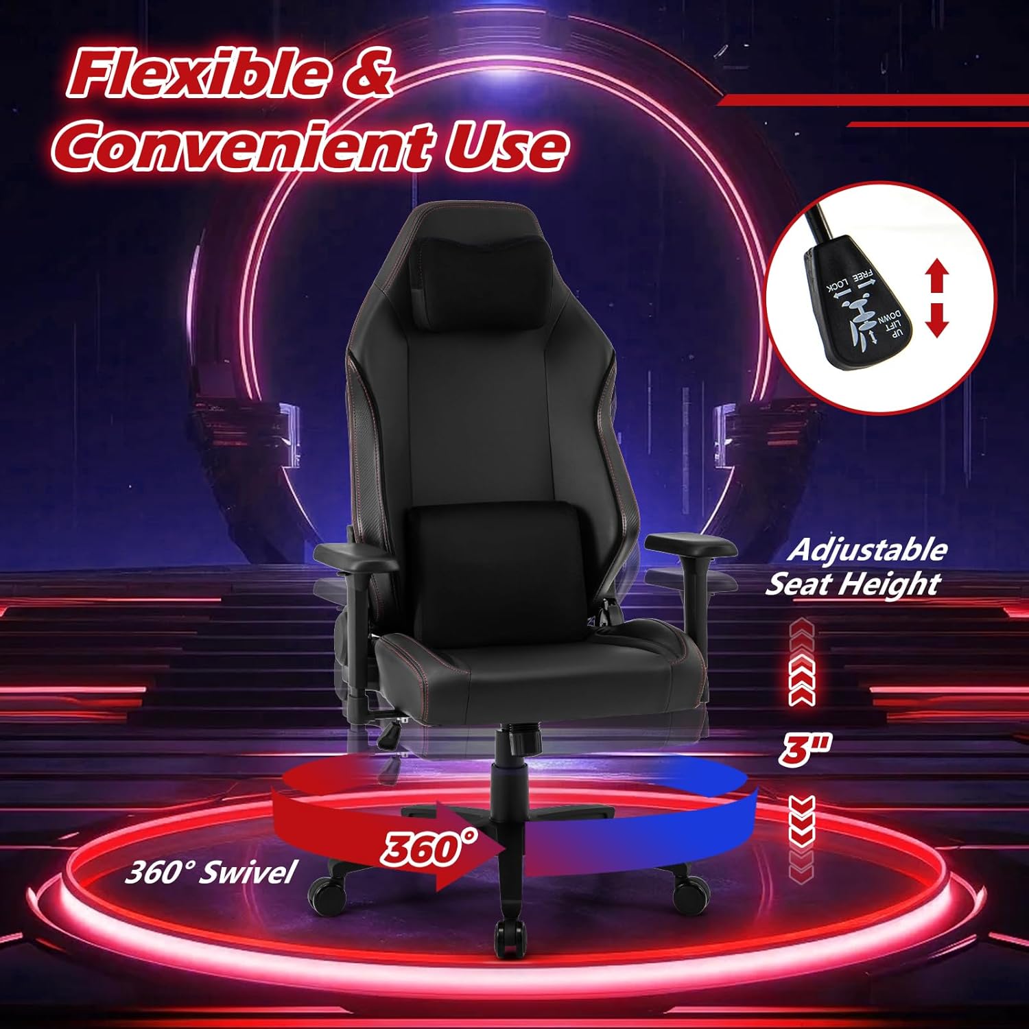 Giantex Gaming Chair, Video Game Chair with Magnetic Headrest & Lumbar Support, Ergonomic Computer Chair w/Rocking Function & 2D Armrests, Height Adjustable Swivel Task Chair, Black