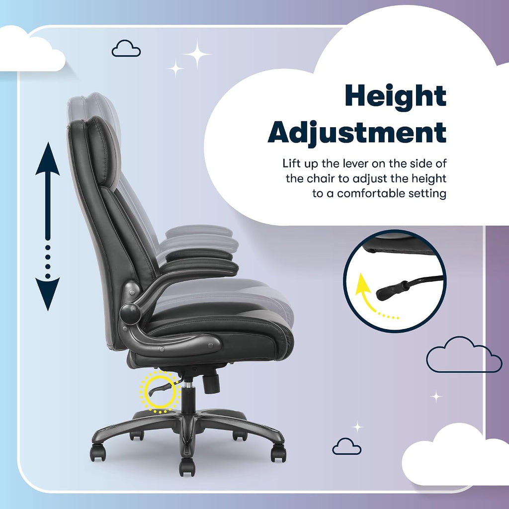 Serta Torrington Big & Tall Office Chair, with Flip-Up Padded Armrests, Ultra-Comfortable ComfortCoils Seat Cushion Technology, Modern Executive Premium PU Desk Chair, Black