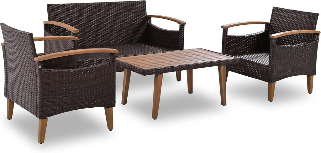 Merax Patio Furniture Sets 4 Pieces, All Weather Outdoor PE Rattan Sofa with Wood Table and Legs, for Lawn, Backyard, Poolside or Garden, Beige