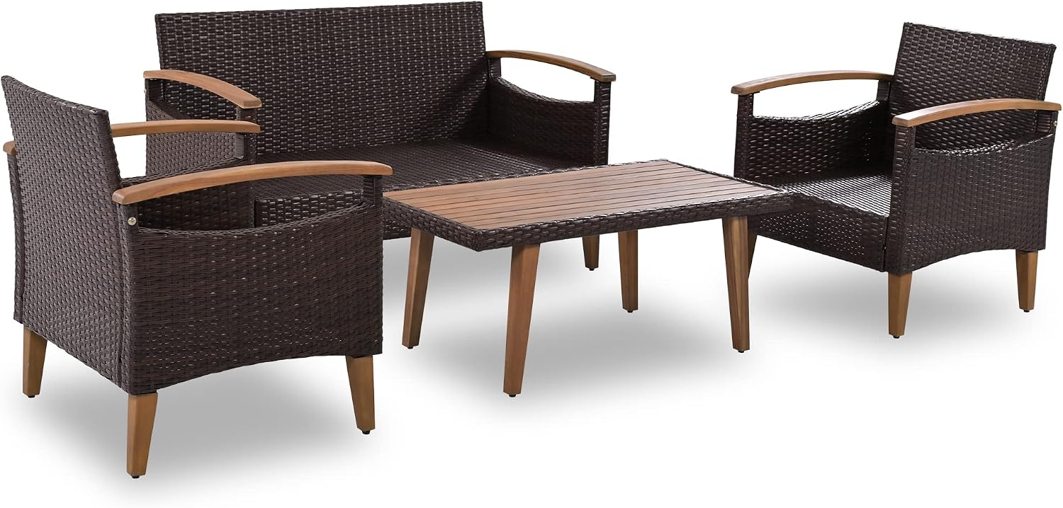 Merax Patio Furniture Sets 4 Pieces, All Weather Outdoor PE Rattan Sofa with Wood Table and Legs, for Lawn, Backyard, Poolside or Garden, Beige