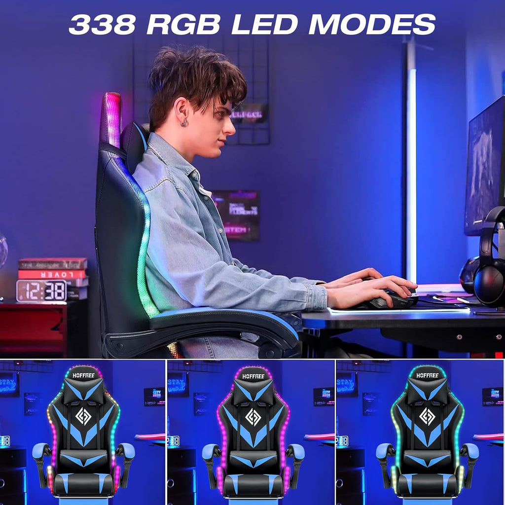 RGB Gaming Chair with Massage and LED Lights Ergonomic Video Game Chairs with Footrest High Back Reclining Computer Chair with Adjustable Lumbar Support Blue and Black