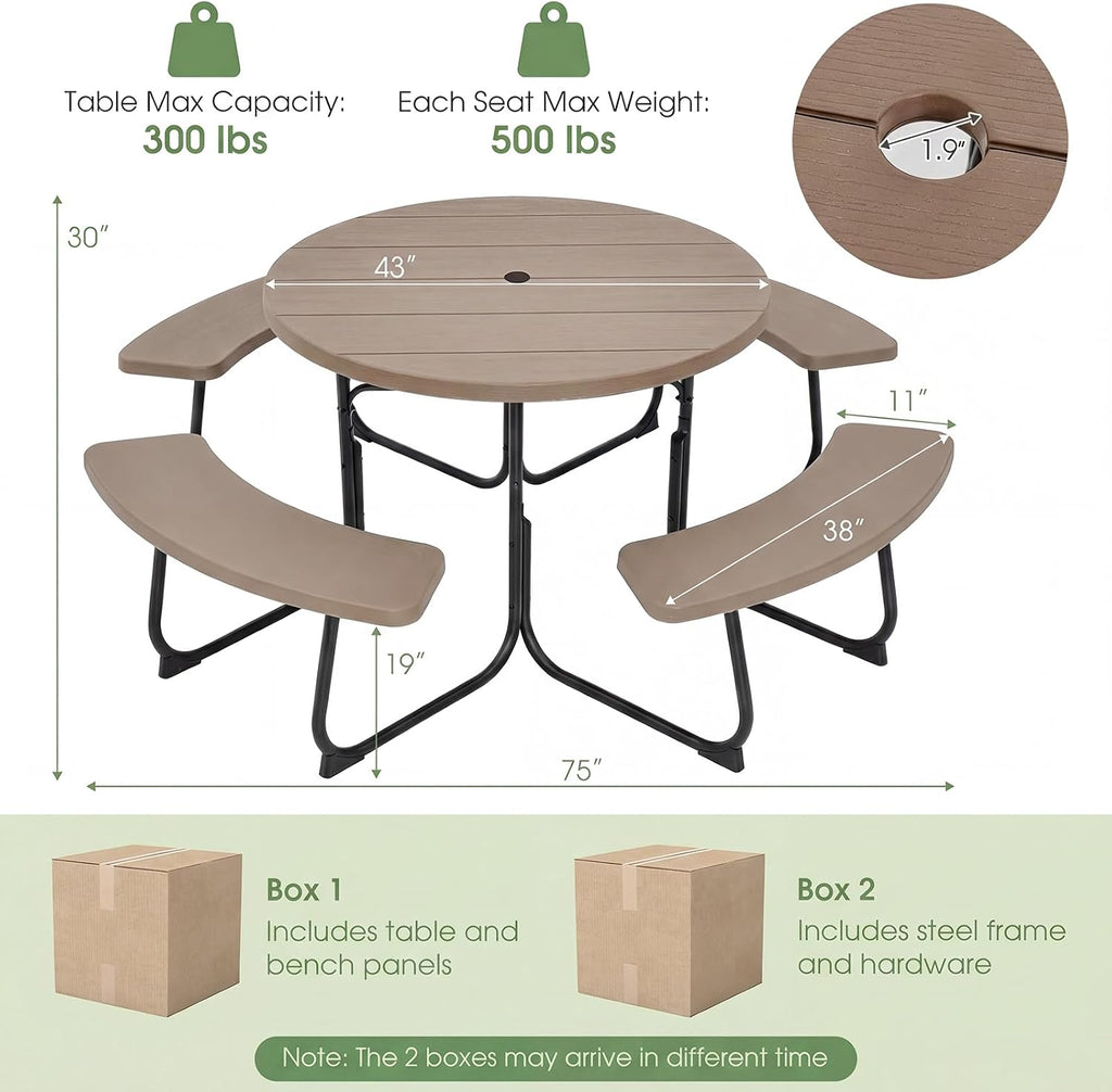 Giantex Picnic Table Set for Up to 8 Persons, Round Outdoor Table and Bench Set with Umbrella Hole, HDPE Top & Metal Frame, 2000LBS Capacity, Patio Table Bench for Deck Backyard Garden, Coral Reef