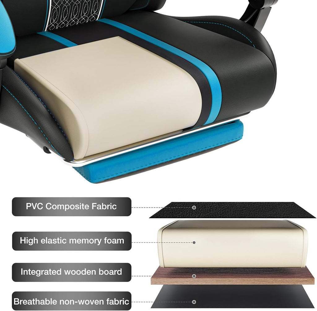 HOFFREE Led Gaming Chair with Speakers and Massage Video Game Chair Big and Tall for 400lbs with Footrest Reclining High Back Computer Desk Chair Blue and Black