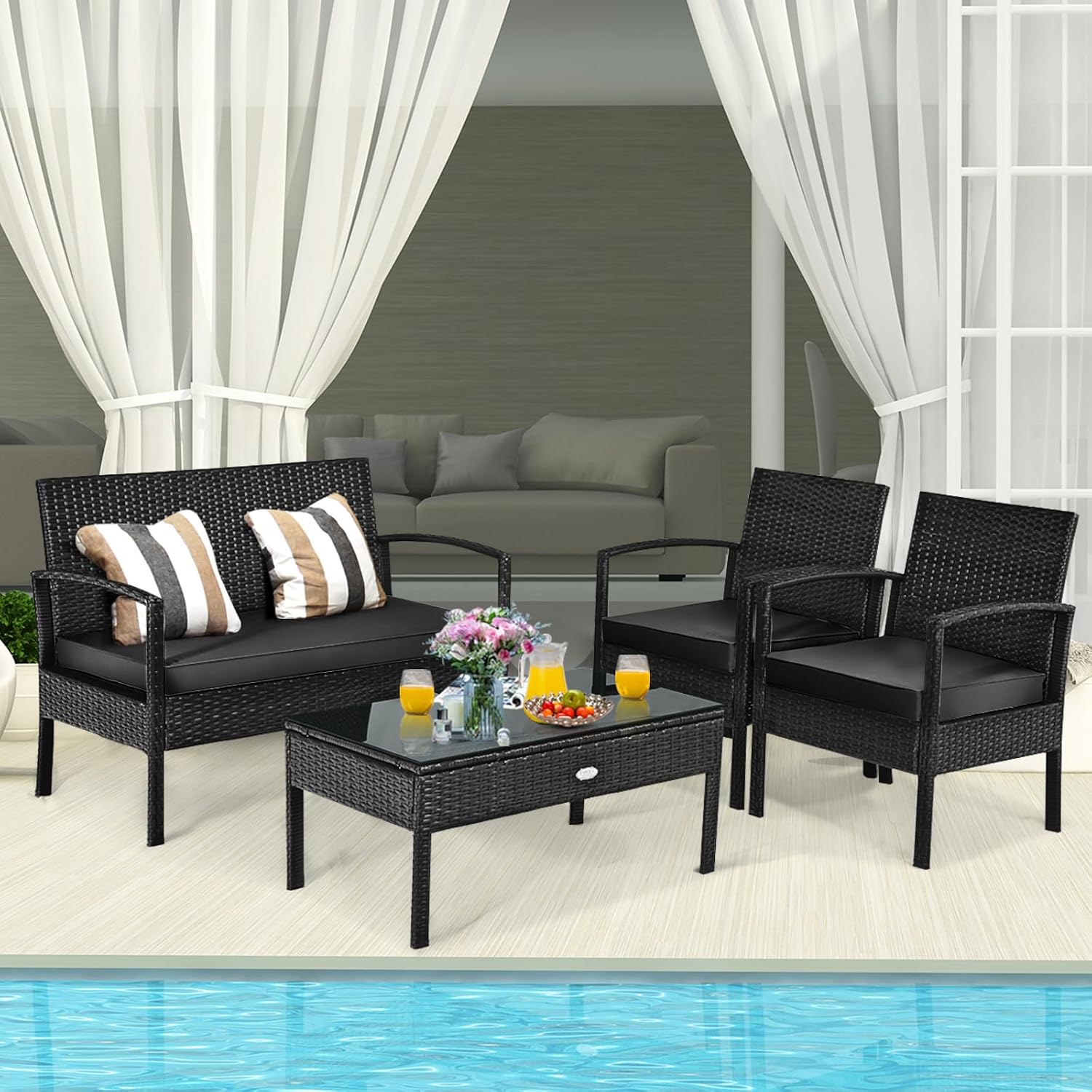 HAPPYGRILL 4-Piece Patio Conversation Set Outdoor Rattan Wicker Sofa & Coffee Table Furniture Set for Patio Garden Poolside