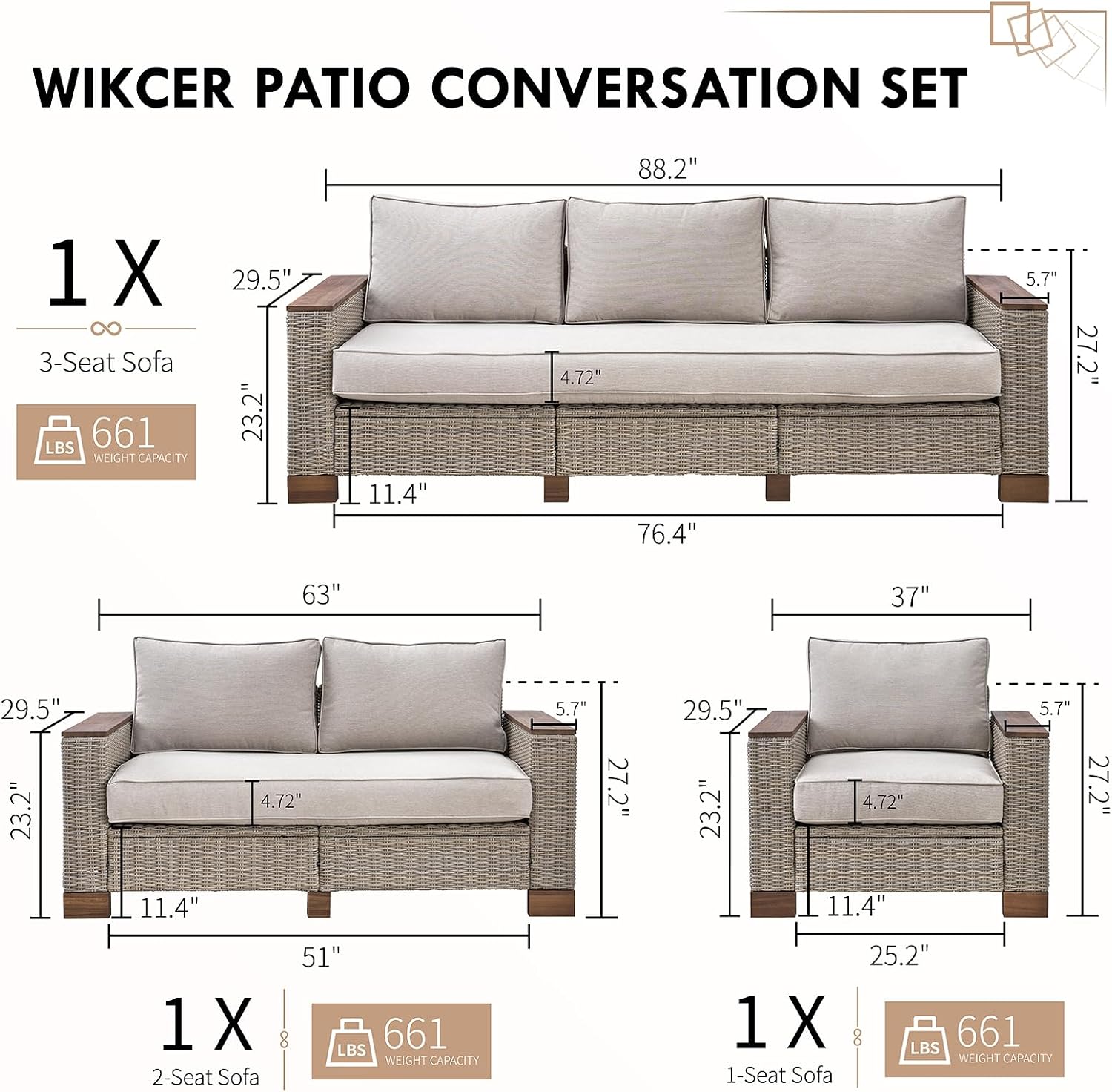PaPaJet 6-Piece Wicker Patio Furniture Set with Solid Wood Armrest, Outdoor Patio Set with Thick Legs, UV-Resistant Modular Outdoor Sectional Sofa for Backyard, Porch, Garden