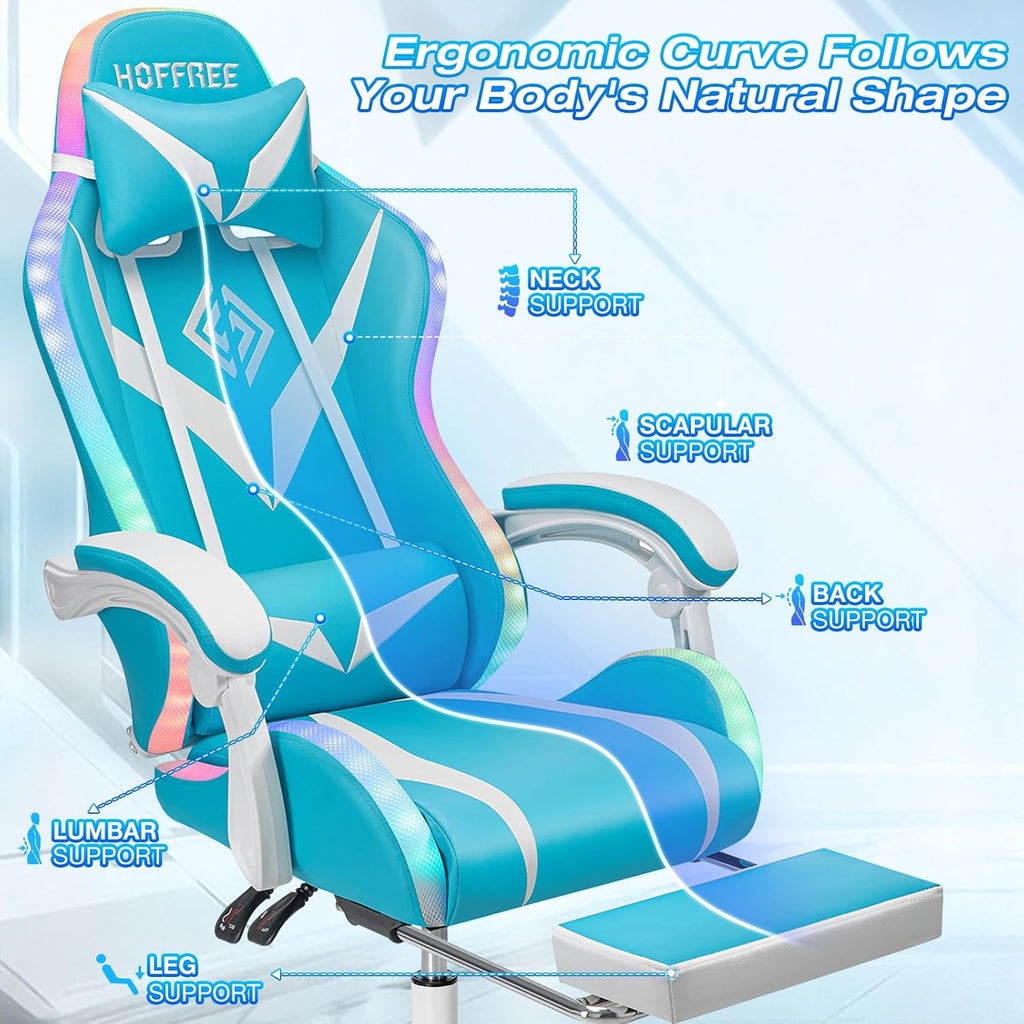 HOFFREE Gaming Chair with LED RGB Lights Massage Ergonomic Video Game Chairs with Footrest High Back Reclining Computer Chair with Adjustable Lumbar Support Blue and White