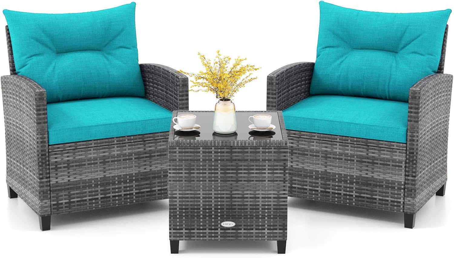 KOTEK 3 Piece Patio Furniture Set, Outdoor PE Rattan Conversation Set with Washable Cushions & Tempered Glass Tabletop, Wicker Chairs and Table Set for Porch, Garden, Balcony (Turquoise)