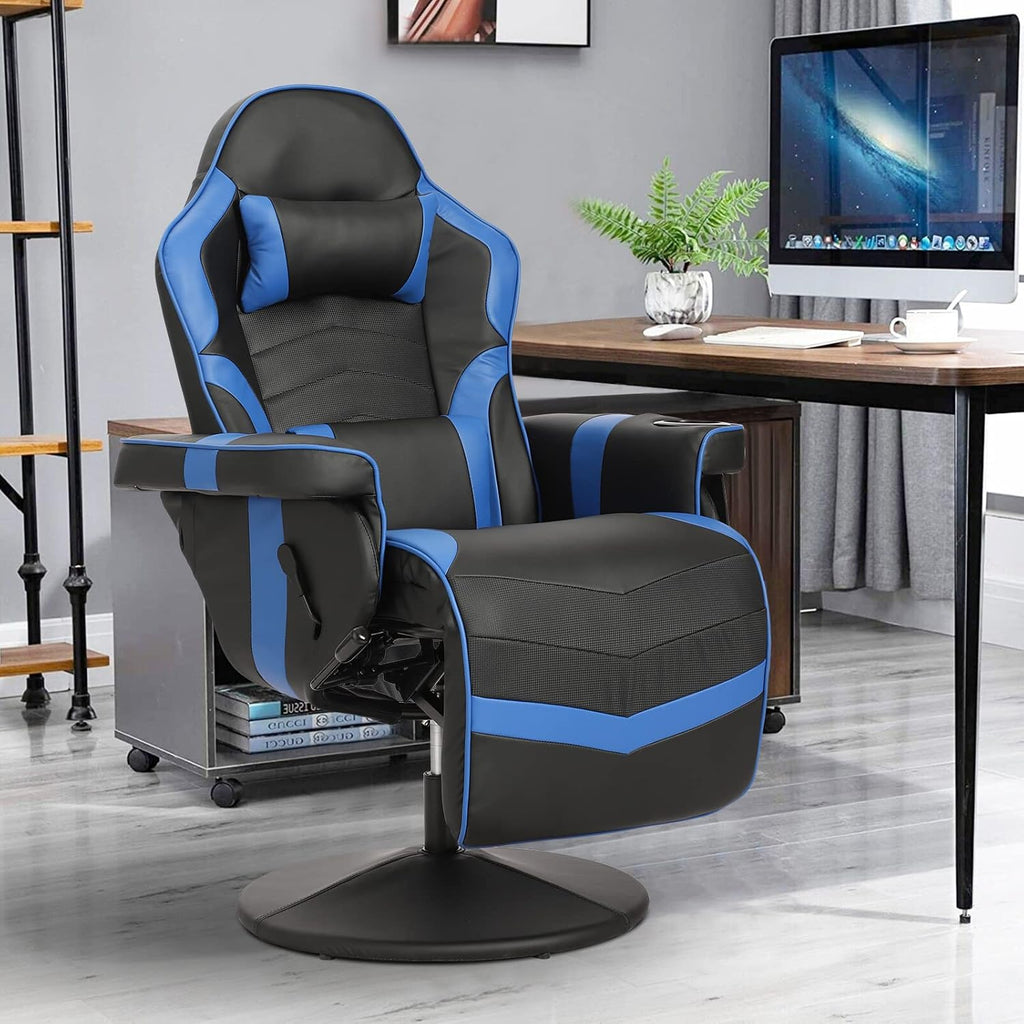 Gaming Chair, Reclining Gaming Chair with Footrest, PU Leather Game Chair Recliner with Massage, Swivel Recliner Gaming Chairs for Adults with Cup Holder, Lumbar Support, Side Pouch (Blue)