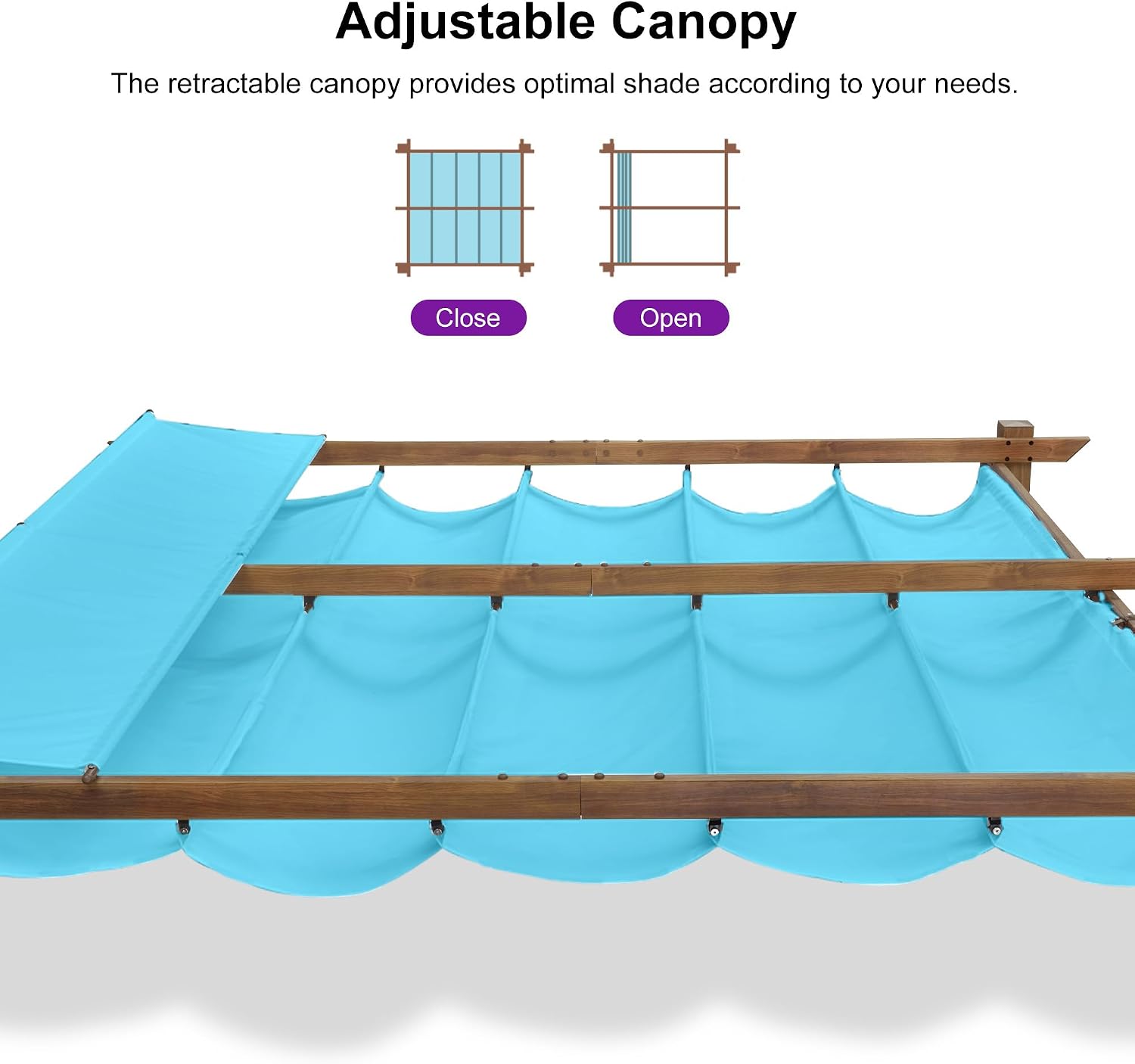PURPLE LEAF 10' x 10' Pergola with Curtains Outdoor Retractable Pergola Patio Metal Shelter for Garden Porch Natural Wood Grain Frame Gazebo Modern Yard Grill Pergolas with Shade Canopy Turquoise Blue