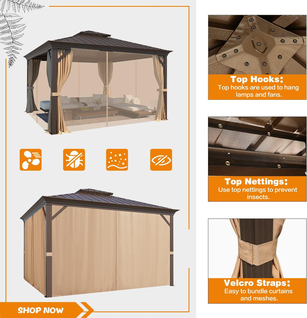 MELLCOM 12' x 12' Hardtop Gazebo, Galvanized Steel Double Roof Outdoor Gazebos, Aluminum Frame Metal Gazebo with Netting and Curtains for Patio, Lawn & Garden