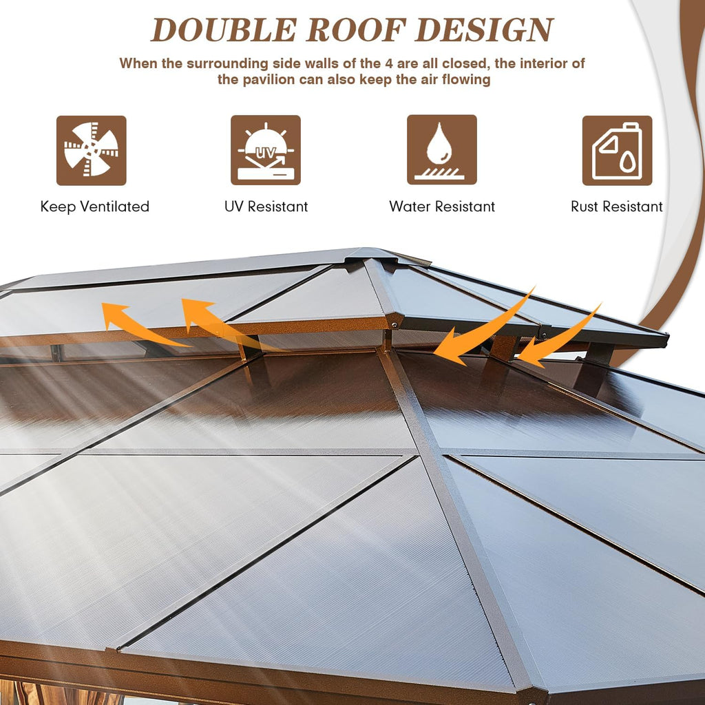 EROMMY 12' x 20' Gazebo Polycarbonate Double Roof Canopy with Aluminum Frame, Outdoor Permanent Metal Pavilion with Netting and Curtains for Garden Patio Lawns