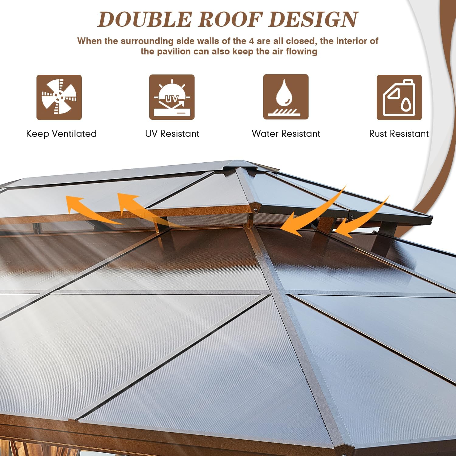 EROMMY 12' x 20' Gazebo Polycarbonate Double Roof Canopy with Aluminum Frame, Outdoor Permanent Metal Pavilion with Netting and Curtains for Garden Patio Lawns