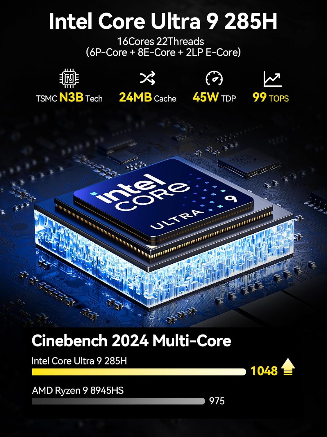 GMKtec AI Mini PC Ultra 9 285H (Turbo 5.4GHz) 64GB DDR5 1TB PCIe 4.0 SSD Mini Gaming Computer 3X M.2 Expansion Slots, Oculink, Quad Screen 8K Display EVO-T1