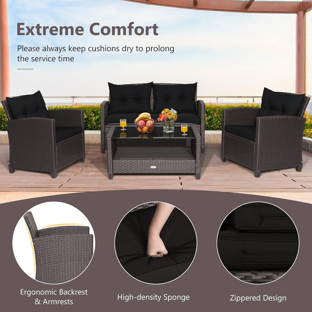 COSTWAY 4 Piece Patio Furniture Set, Outdoor Wicker Rattan Chairs and Loveseat with Cushions, Tempered Glass Coffee Table with Storage Shelf, Conversation Sofa Set for Poolside Backyard (Black)