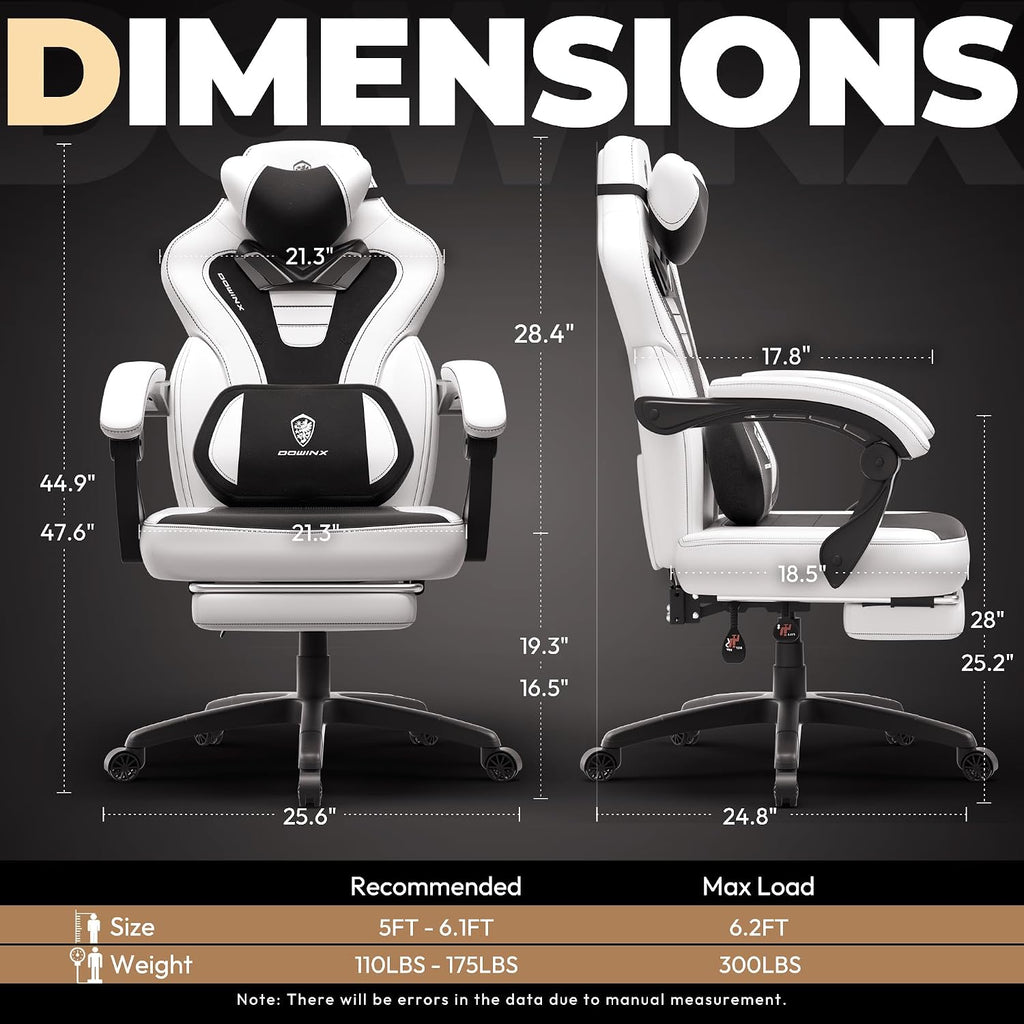 Dowinx Gaming Chair with Footrest,Big and Tall Game Chair for Heavy People, Gamer Chair with Massage Lumbar Support,Ergonomic Computer Gaming Chair for 200lbs (White)