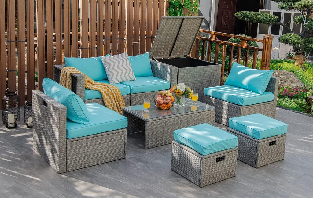 Tangkula 8 Piece Patio Wicker Furniture Set, Patiojoy Space Saving Outdoor PE Rattan Conversation Set with Storage Box & Waterproof Cover, Coffee Table, 2 Ottomans, 2 Armless Sofas & 2 Corner Sofas