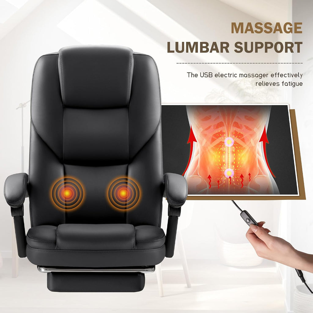 Furmax Massage Office Chair with Foot Rest Executive Big and Tall Office Chair Ergonomic Home Office Desk Chairs, Reclining High Back Leather Chair with Lumbar Support, 400LBS (Black)