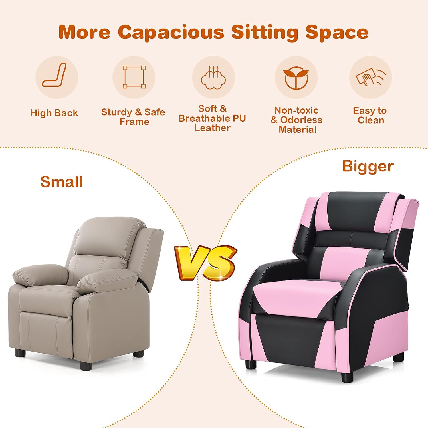 Giantex Kids Recliner, Gaming Recliner Chair with Footrest, Headrest & Lumbar Support, Ergonomic Leather Lounge Chair Toddler Furniture, Adjustable Racing Style Recliner Sofa for Boys Girls, Pink