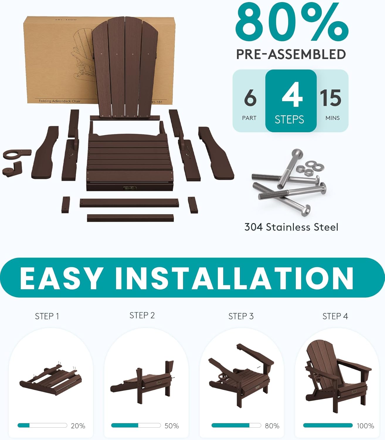SERWALL Folding Adirondack Chair with Cup Holder for Outdoor, All-Weather Patio Chairs with Wood Texture, Fire Pit Chairs for Deck Porch Garden (Folding Coffee)