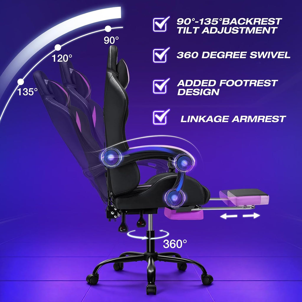 HOFFREE Gaming Chair with LED RGB Lights Massage Ergonomic Video Game Chairs with Footrest High Back Reclining Computer Chair with Adjustable Lumbar Support Purple and Black