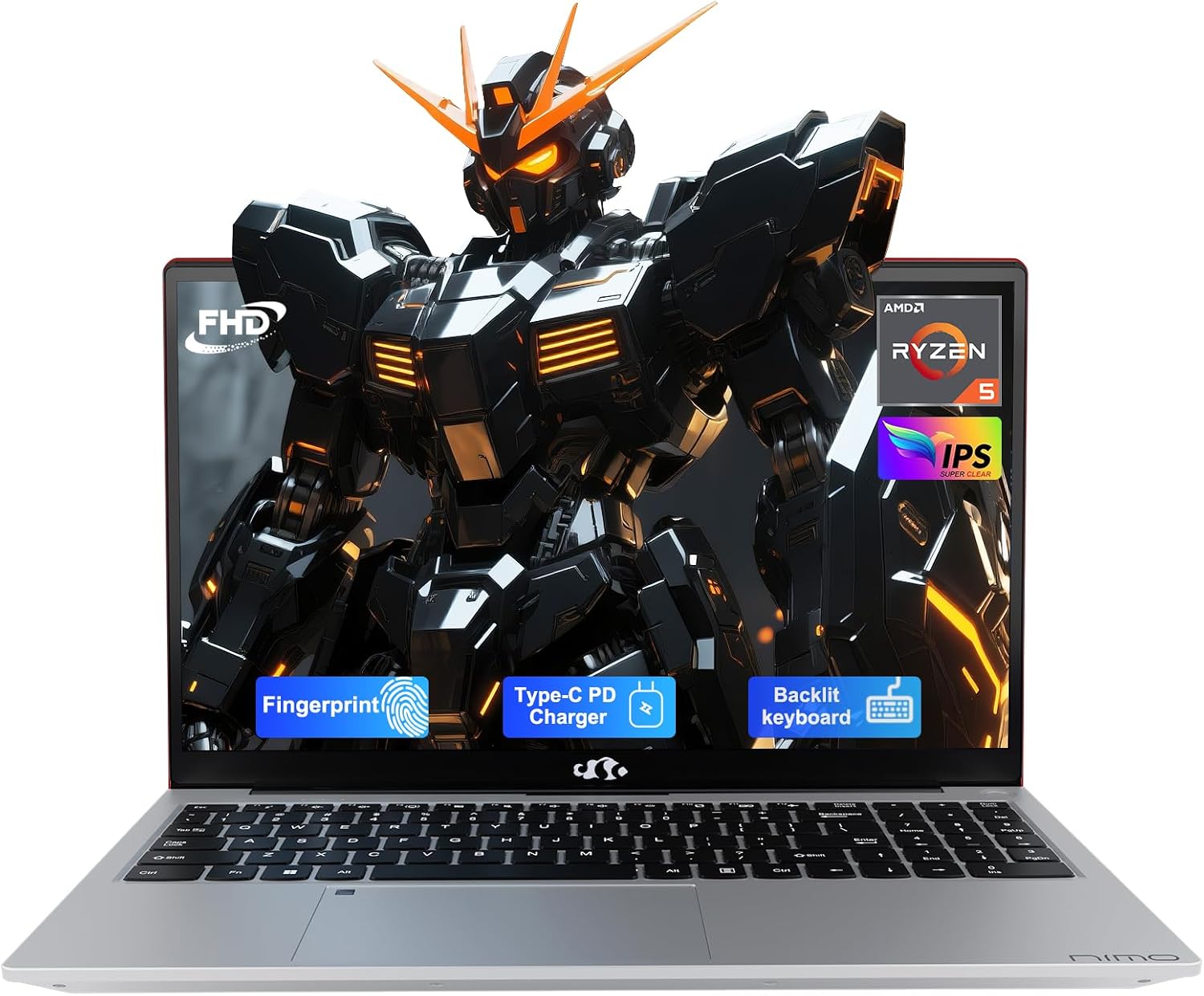 NIMO 15.6'' IPS FHD Laptop, 16GB RAM 512GB SSD AMD Ryzen 5(Beat i5-1135G7, 4 Cores Up to 3.7GHz) Student Computer with 65W Type-C, 2 Years Warranty, Fingerprint, Backlit Keyboard, BT5.2, for Home
