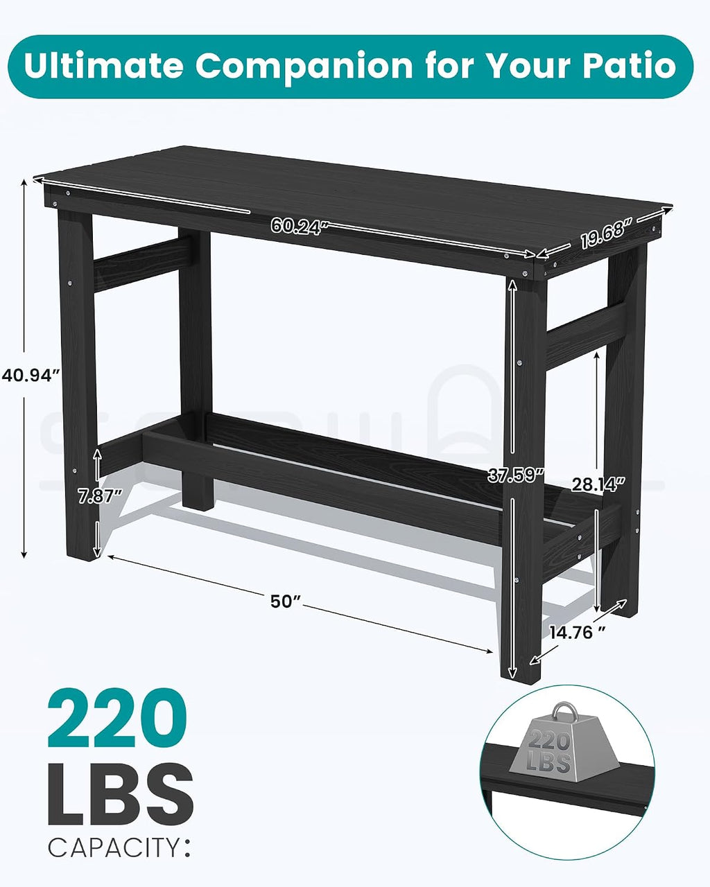SERWALL 41' Outdoor Bar Table with 1.6' Umbrella Hole, HDPE Patio Bar Counter Height Table, All-Weather Rectangle Bar Table for Backyard, Garden, Poolside, Balcony - Black