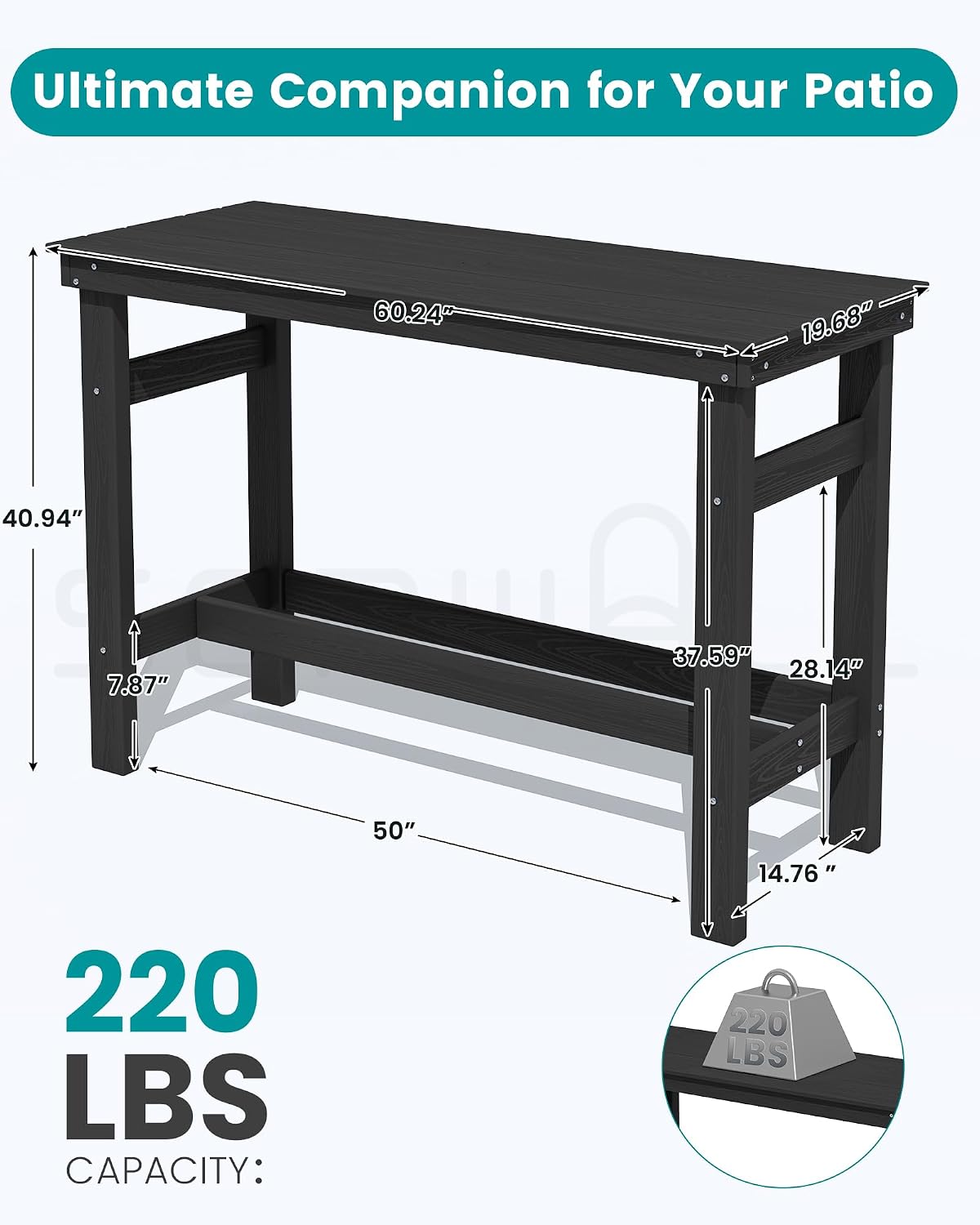 SERWALL 41' Outdoor Bar Table with 1.6' Umbrella Hole, HDPE Patio Bar Counter Height Table, All-Weather Rectangle Bar Table for Backyard, Garden, Poolside, Balcony - Black