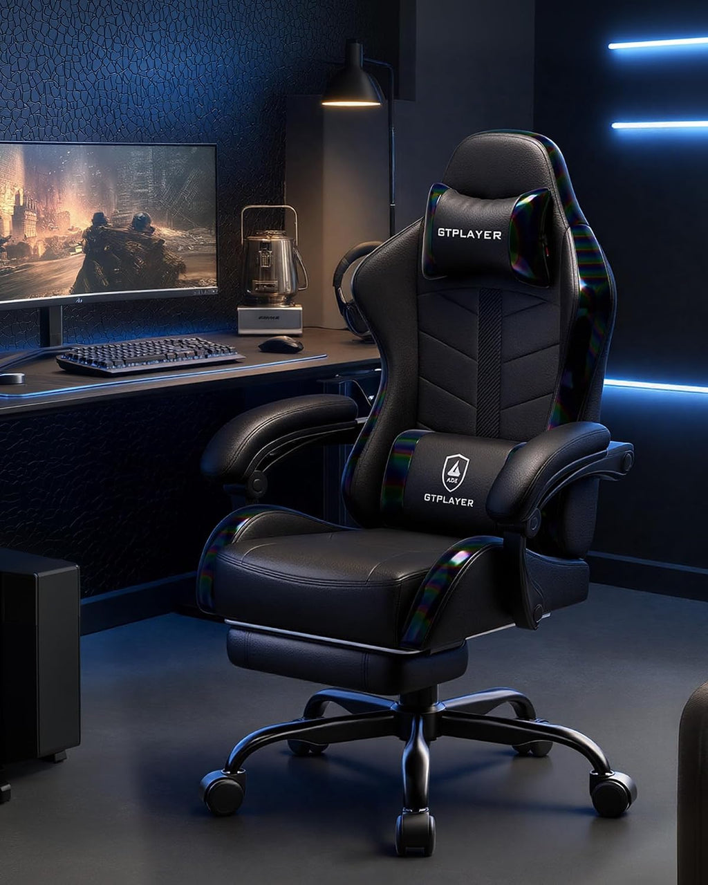 GTPLAYER Gaming Chair with Footrest, Computer Gaming Chair for Adults and Kids, Height Adjustable Gamer Chair with 90-155° Recline & Removable Headrest Lumbar Support, 01 Iridescent Black